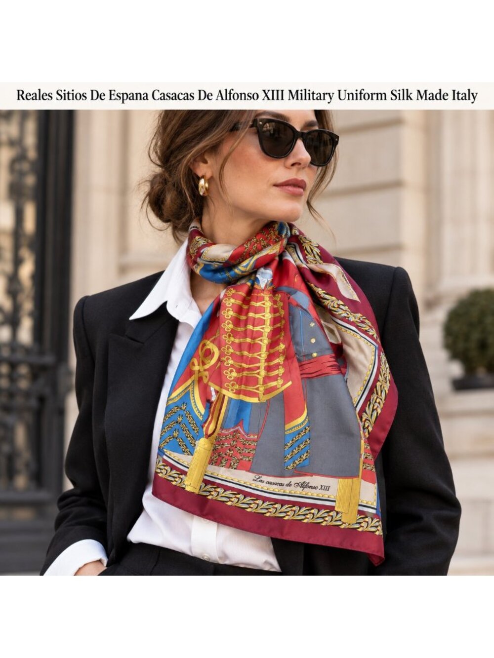 Reales Sitios de Espaรฑa Silk Scarf Las Casacas Alfonso XIII Military 35โ Italy